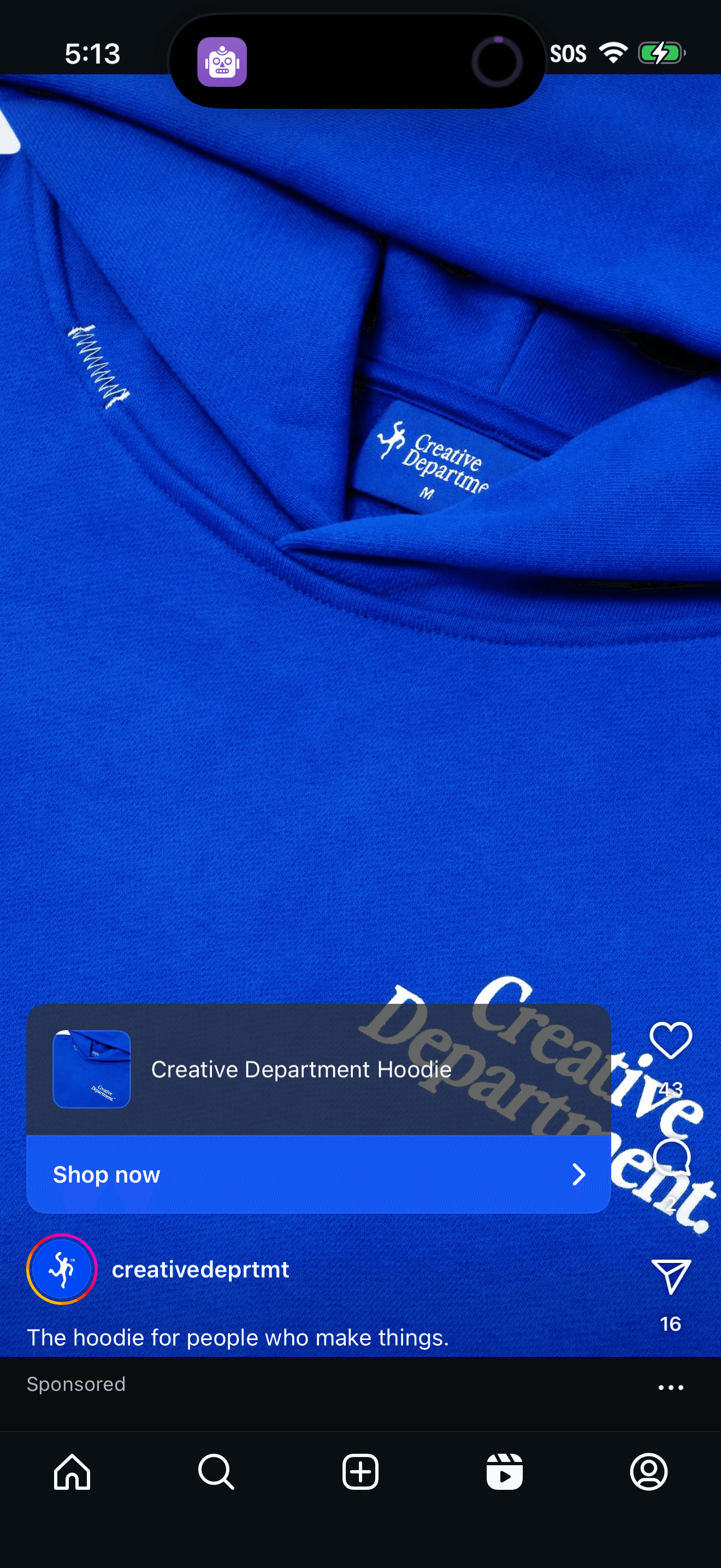 Type: Pullover hoodie; Color: Bright cobalt blue (matching the vivid hue in the image); Size: XL (extra large); Brand Preference: Any brand, no logo required but can include small branding like “Creative Department” if available; Material: Any comfortable material, such as cotton, fleece, or cotton-poly blend; Style & Features: Classic hoodie with a front pocket and hood, casual and versatile, similar to the one shown in the image; Context: Matches the bright blue hoodie prominently featured in the picture